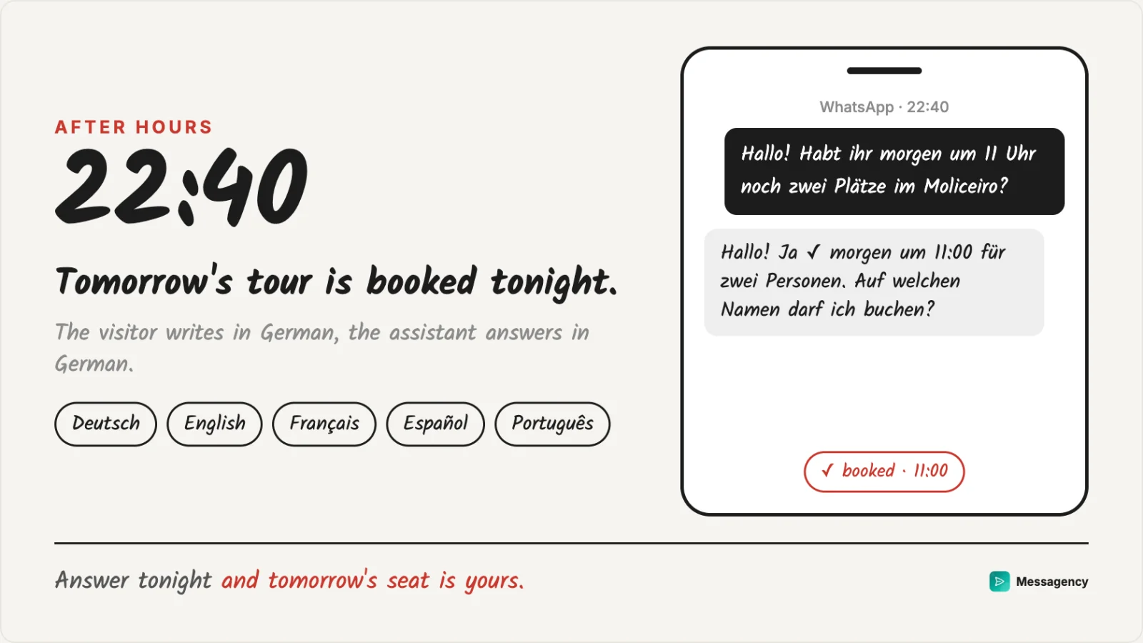 A message in German at 22:40 asking for seats on the moliceiro, answered and booked on the spot