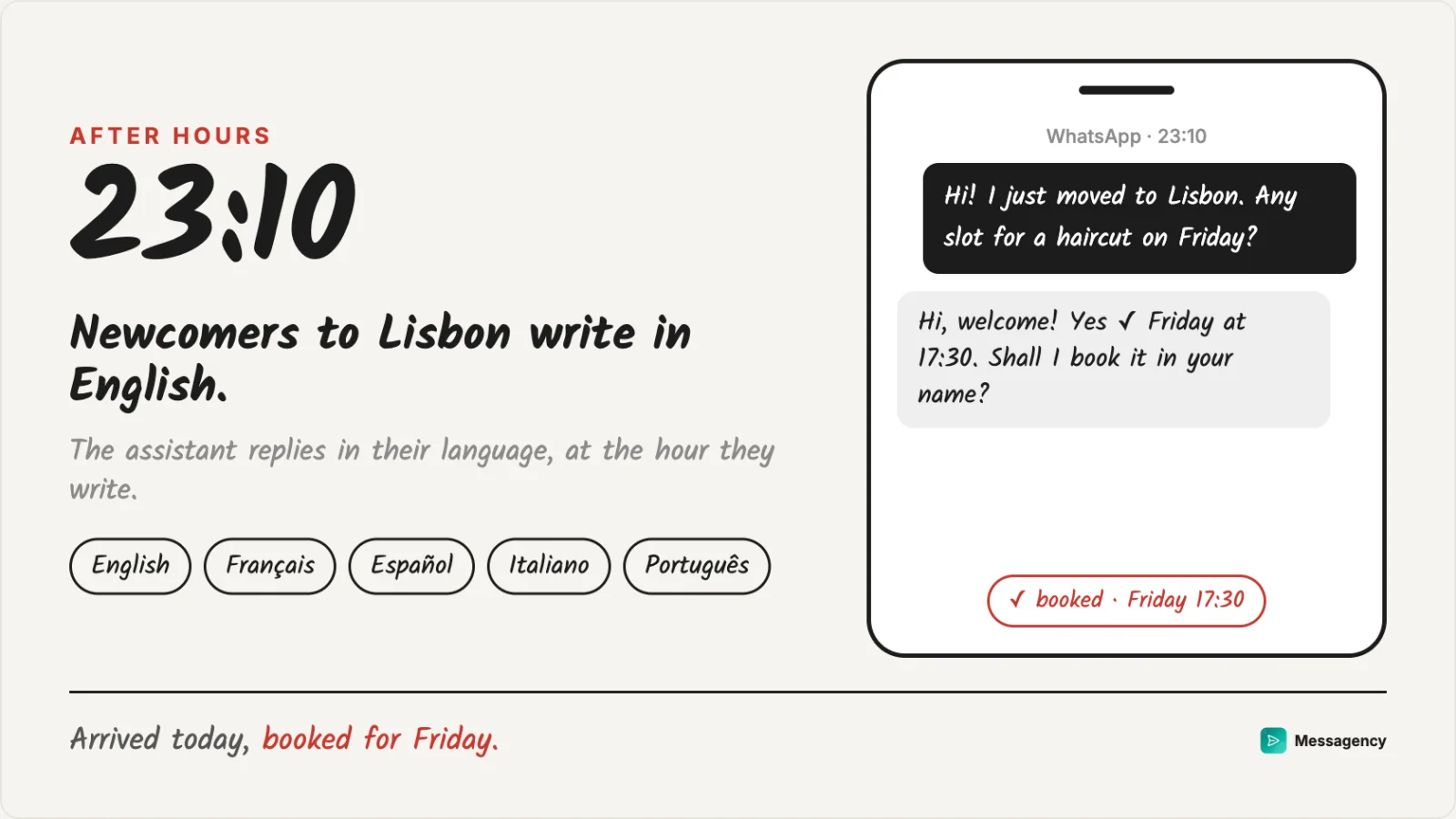 A message in English at 23:10 from someone who just arrived in Lisbon, answered and booked on the spot