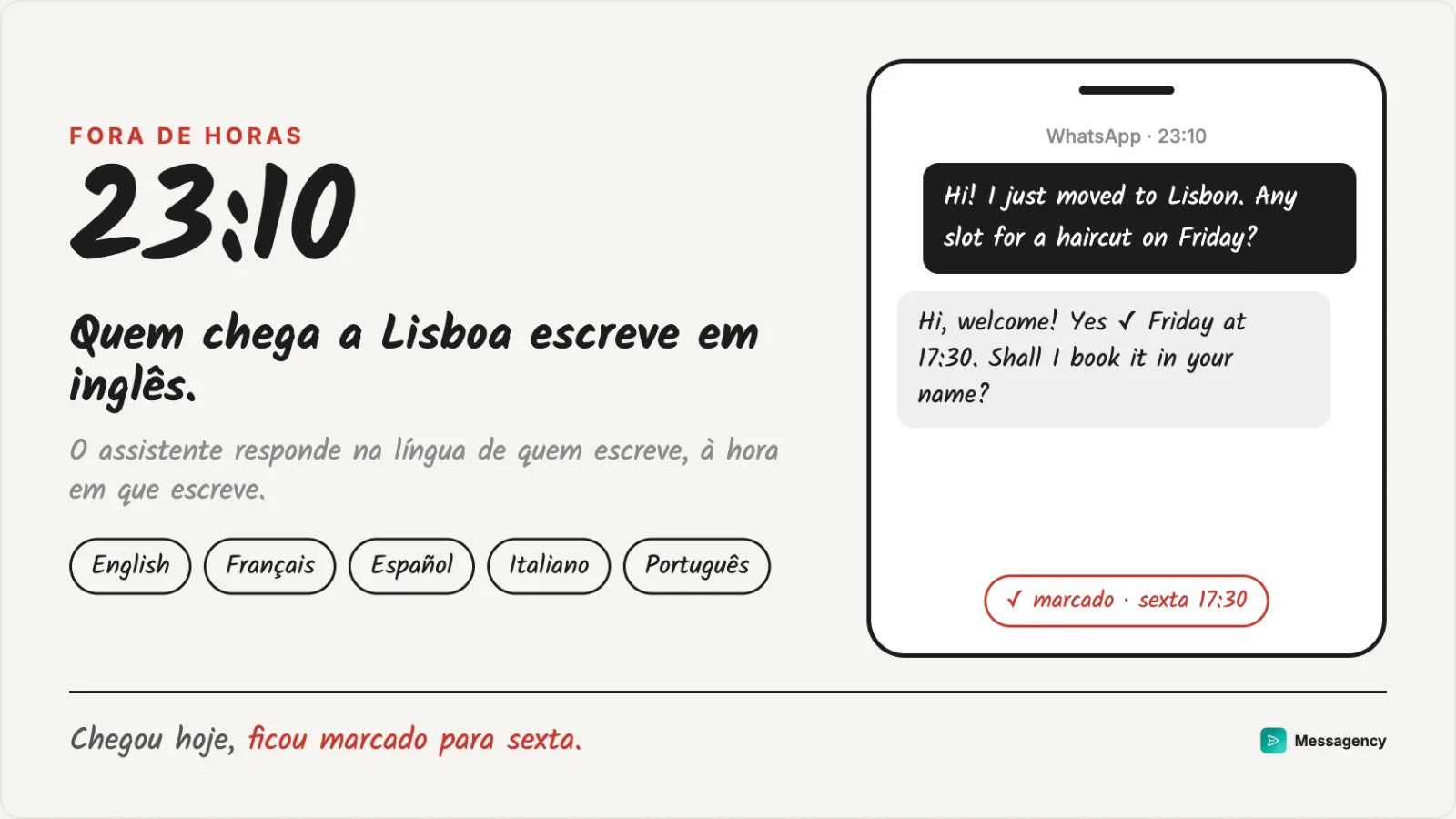 Uma mensagem em inglês às 23:10, de quem acabou de chegar a Lisboa, respondida e marcada na hora