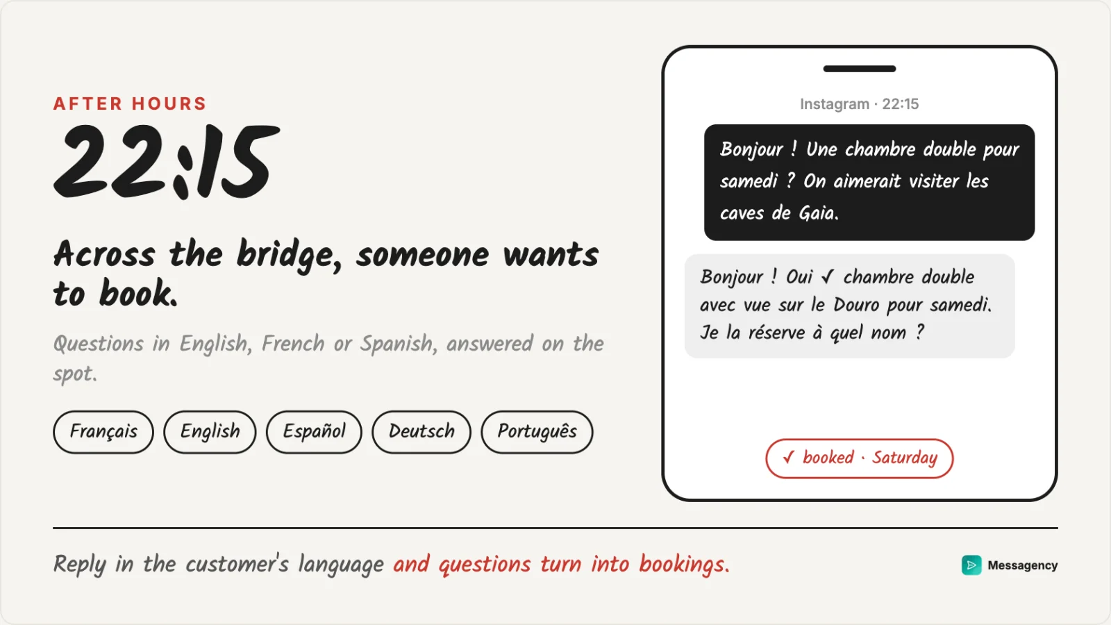 A message in French at 22:15, planning a visit to the Gaia cellars, answered and booked on the spot
