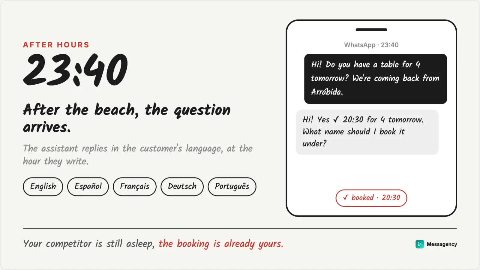 A message in English at 23:40, after the beach at Arrábida, answered and booked on the spot