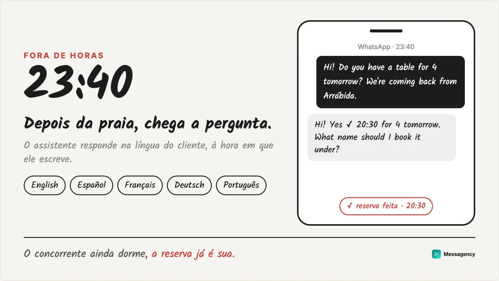 Uma mensagem em inglês às 23:40, depois da praia da Arrábida, respondida e reservada na hora